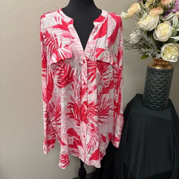 Calvin Klein 3X Pink Leaf Print Button Blouse | Tropical Resort Cruise Top - Picture 1 of 8
